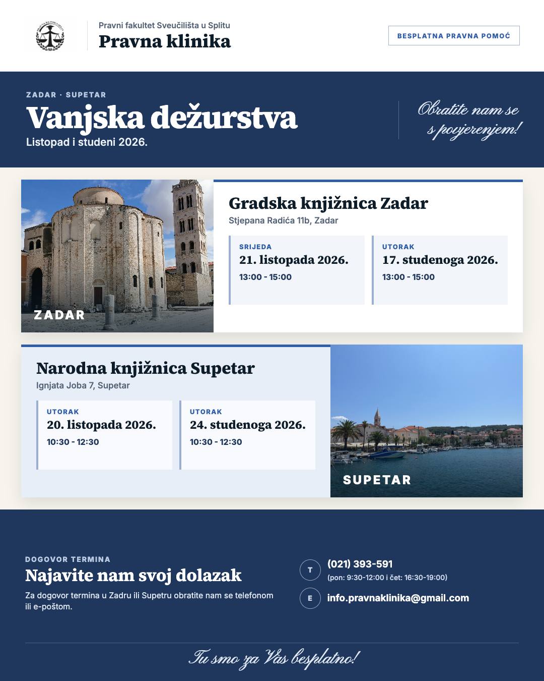 Grafika: vanjska dežurstva u listopadu i studenome 2026. u Gradskoj knjižnici Zadar (21. listopada i 17. studenoga, od 13:00 do 15:00) i u Narodnoj knjižnici Supetar (20. listopada i 24. studenoga, od 10:30 do 12:30).
